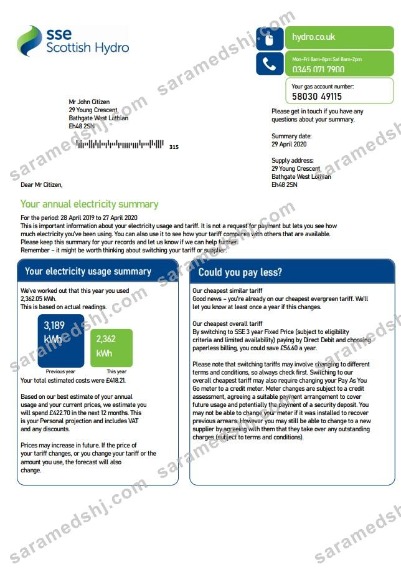 United Kingdom SSE Energy utility bill template in Word and PDF format, version 2